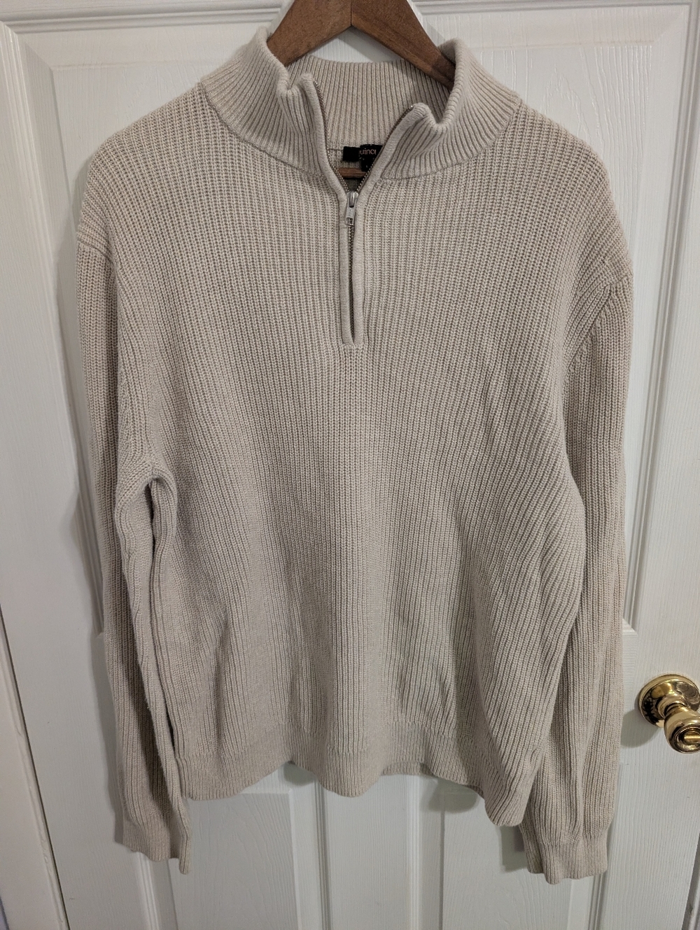 Quince Mens Sweater Organic Cotton Beige 1/4 Zip Ribbed Pullover Size Large